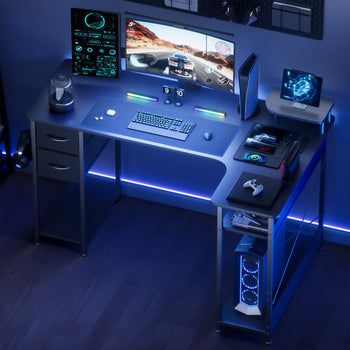 L-Shape Gaming Desk with Drawers, Carbon Fiber