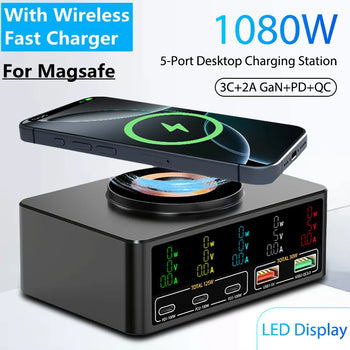 1080W USB C GaN Charger PD3.0 PPS QC3.0 Fast Charging Station Magnetic Wireless Charge For Laptop iPhone Samsung Macbook Tablet