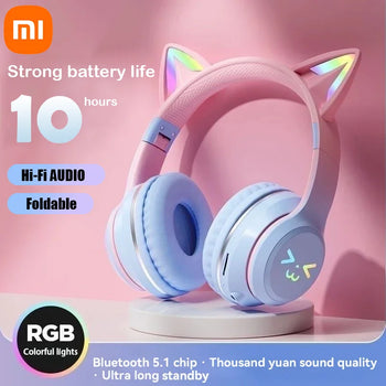 Xiaomi New Headphones RGB cute cat ear wireless Bluetooth Earphones with microphone Stereo Music Game Earphone Girls Kids Gifts