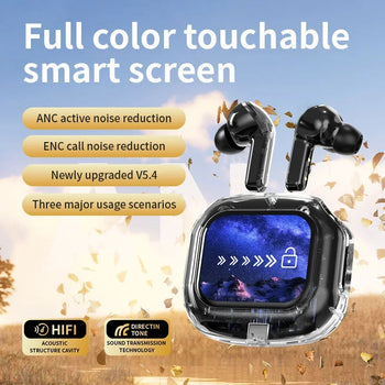 True Wireless Bluetooth Earbuds 5.4 Earphones ANC Noise Reduction Stereo Bass HD Mic Gamer Headset with LED Touch Screen Control