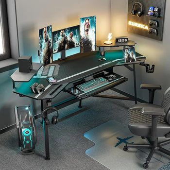 72" Large Wing-Shaped Aero Studio and Gaming Desk with LED Lights, with Keyboard Tray