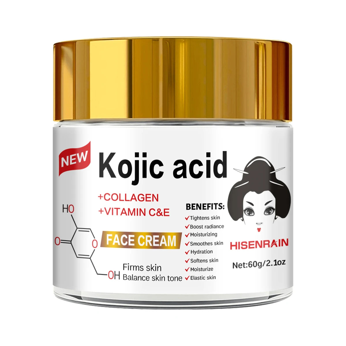 HISENRAIN Kojic Acid Cream - Brightening Glass Jar Face Moisturizer, Anti Dark Spots, Skin Whitening & Anti-Aging, for All Skin