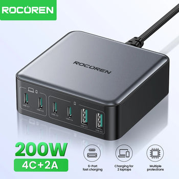 Rocoren 200W GaN Charger 6-ports Desktop Fast Charging USB Type C Charger
