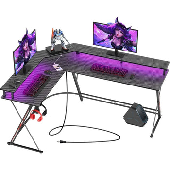 L Shaped Gaming Desk with LED Lights & Power Outlets, 58” Computer Desk with Monitor Stand
