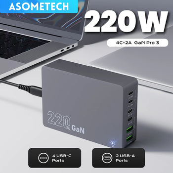 220W GaN Desktop Charger 6-Ports PD 100W USB Type C QC 3.0 Fast Charging Station for IPhone 16 Pro Tablet Macbook Samsung Laptop