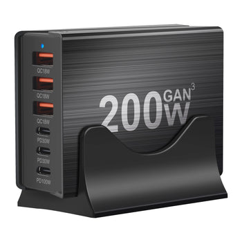 200W 6-Port USB C Fast Charger Charging Station Hub. Compact GaN Charger