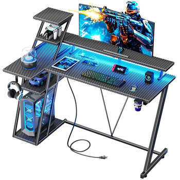 47H L-Shaped Gaming Desk With Led Lights & Power Outlet