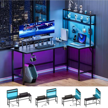 L Shaped 59 Inch Reversible Gaming Desk with LED Light & Storage Shelves