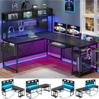L Shaped Gaming Desk, Reversible Computer Desk with Power Outlet and Pegboard