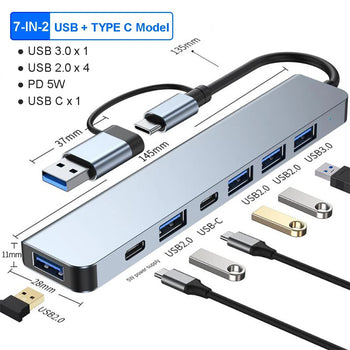 USB C Hub USB Hub 3.0,  Aluminum 7 in 1 USB Extender, USB Splitter with 1 X USB 3.0, 4 X USB 2.0 and 2 X USB C Ports