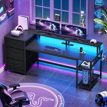 59" Office Desk with Drawers, LED Lights & Power Outlet