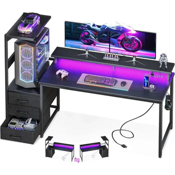 59 Inch Gaming Desk with USB Charging Ports & LED Light