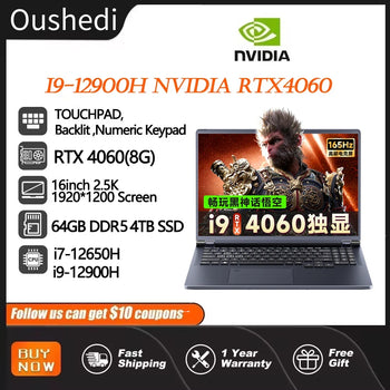 Gaming Laptop 16 inch Intel Core i9-12900H NVIDIA RTX 4060 8G 64GB RMD 4TB SSD DDR5 Windows 11 HD Camera WiFi6 Portable Computer