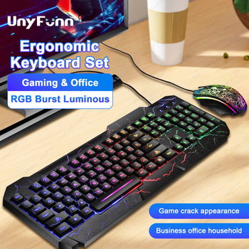 Ergonomic Gaming Keyboard & Mouse Set with Crack Rainbow Glow Backlight