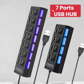 USB 2.0 Hub Multi USB Splitter Ports Hub Use Power Adapter 4/ 7 Port Multiple Expander Hub with Switch 45CM Cable For Home