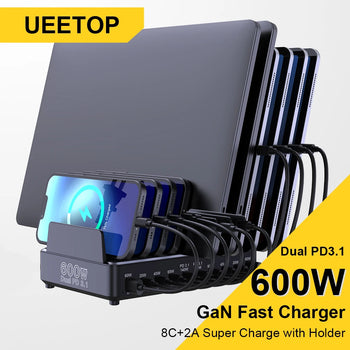 Ueetop 600W Multi USB Fast Charging Station Stand for MacBook iPhone 16 15 iPad Samsung Tablet Laptop
