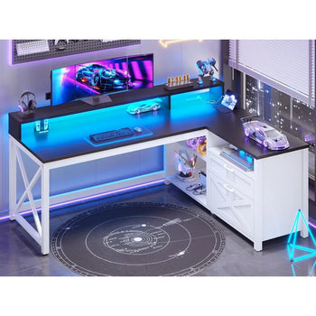 L Shaped Gaming Desk with Drawers, 55" LED Lit Corner Gaming Desk